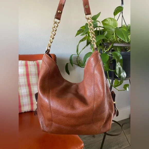 Brahmin Shoulder Purse Handbag Pebble Magnet Top Cognac Brown + Chain Strap - Picture 2 of 14